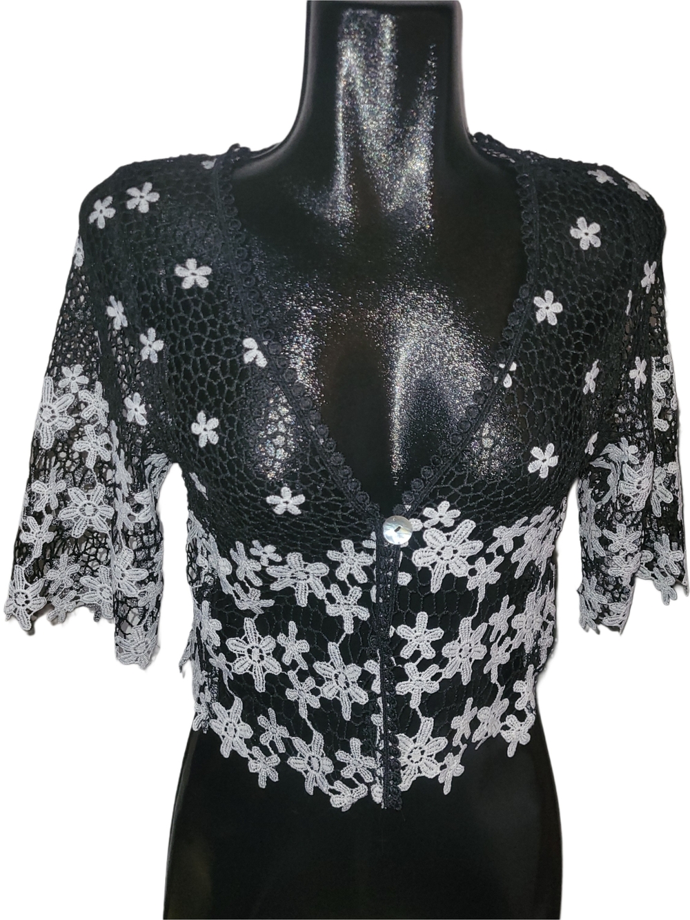 Vintage 90's Black And White Crochet Daisy Lace One Button Front Bolero Top S